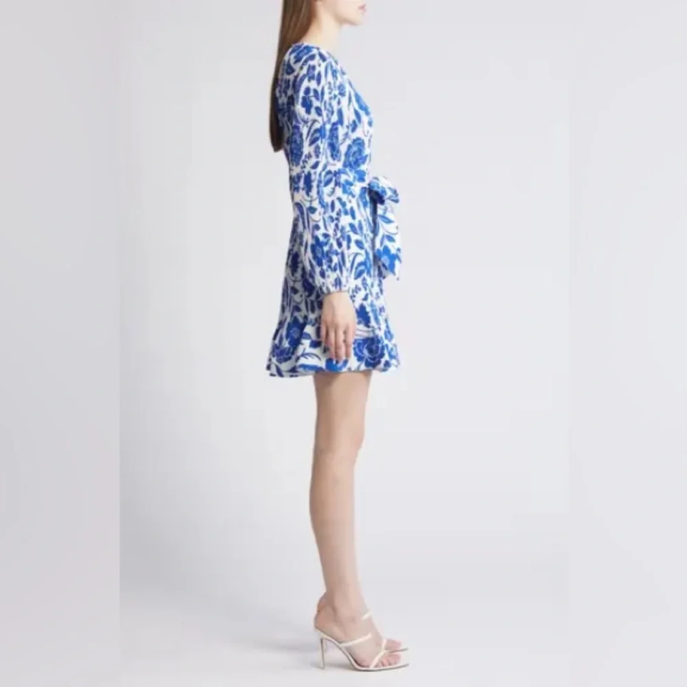 Milly Blue Liv Flowers of Spain Long Sleeve V Neck Pleated Mini Dress - Picture 3 of 13